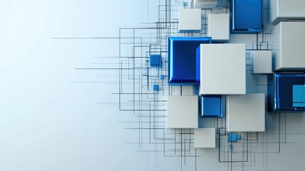 Poster - Minimal design with blue geometric squares arranged randomly on white surface