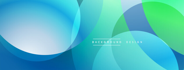 Fototapete - Abstract background features overlapping circles, gradients. Blue, turquoise, green hues create smooth visual flow. Minimalist design.
