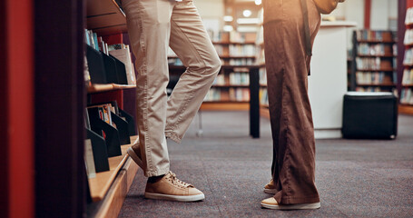 Aufkleber - Couple, school or legs of people library for dating, college education and talking on break. University, love or shoes of students flirting in campus for learning, relationship and studying together