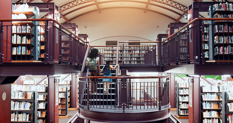 Aufkleber - Tutor, girl and library stairs with study for information, learning or knowledge for academic woman. Book session, student development and education with teacher, scholarship and back of people
