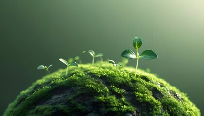 Poster - 鮮やかな緑の苔に覆われた小さな地球に芽吹く新芽のクローズアップ 自然と成長のコンセプト
