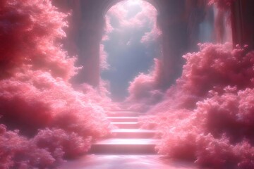 Aufkleber - ピンク色の花のトンネル階段の神秘的な風景 光と影が織りなす夢のような幻想的なシーン