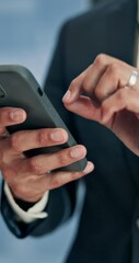 Fototapete - Hand, business and man in office, cellphone and communication with email for stock market. Closeup, financial advisor and investor in workplace, internet and smartphone with digital app for trading