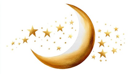 Poster - Golden Crescent Moon and Sparkling Stars Watercolor - Celestial dreamscape, cosmic wonder, nighttime magic, golden elegance, peaceful serenity. Symbolizing hope, dreams, tranquility, magic
