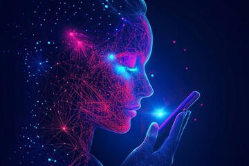 Poster - A businessman is using his smartphone to scan with facial biometric technology for future faces. Dots and lines of light are shining on the face from above, in a side view. 