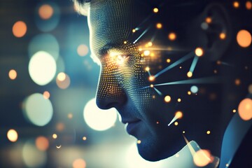 Poster - A businessman is using his smartphone to scan with facial biometric technology for future faces. Dots and lines of light are shining on the face from above, in a side view. 