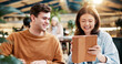© peopleimages.com - Research, man and woman with tablet, college and smile for info on website, studying and teamwork. Education, students and people with tech for assignment, learning or planning for exam in university