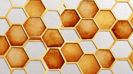 Poster - Honeycomb Pattern Background - Abstract watercolor honeycomb pattern background with gold accents. Perfect for textures, design, and branding
