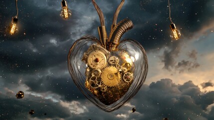 Poster - Steel heart with gears and wires, floating in a dreamy cosmic environment