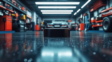 Wall Mural - empty podium in focus, surrounded by a garage with polished floors, high-end cars, and professional 