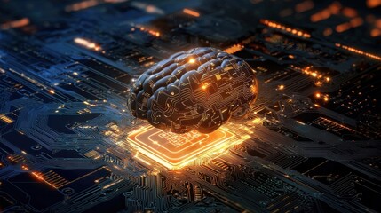 Poster - Stylized AI embedded into a complex circuit board with glowing data points