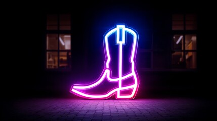 Poster - Neon Cowboy Boot Sign - A vibrant neon sign of a cowboy boot glows brightly against a dark background, symbolizing the wild west, country music, nightlife, fashion, and adventure