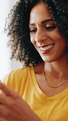 Poster - Smile, woman and typing with phone at house for communication, social media and good news. Person, walking and relax with mobile app for browsing, online information and notification with chat update