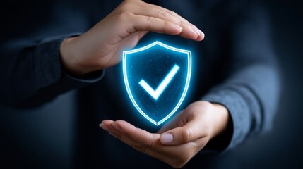 Poster - Secure Shield Protection Concept - Hands gently cradling a glowing shield with a checkmark, symbolizing safety, security, approval, trust, and success