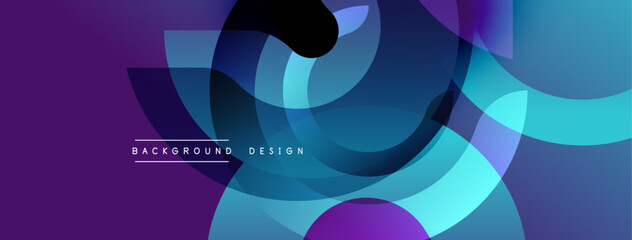 Leinwandbilder - Abstract composition. Overlapping circles create dynamic visual flow. Purple, blue hues dominate design. Modern aesthetic.