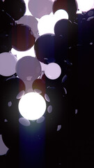 Fototapete - 3d rendering digital illustration of a cluster of black spheres floating in a dark room. They emit a soft white-violet glow that reflects off shiny surfaces, creating an effect of depth and mystery