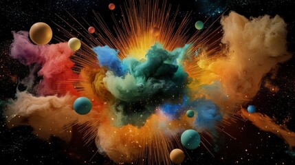 Poster - Vivid particle cloud bursting into vibrant chaos on abstract canvas