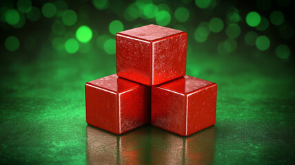 Poster - Three shiny red blocks arranged triangular formation green bokeh background, creating vibrant