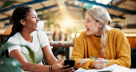 Poster - People, friends and laugh with phone in library for social media, university gossip and funny joke. Smile, students and mobile app for streaming video, learning website and online rumor for knowledge