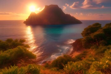 Aufkleber - 夕日の光が海に映る美しい島と緑豊かな植物群の風景画 穏やかな夏の日のリラックスした景色