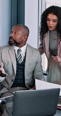Aufkleber - Business, people and laptop with paperwork in meeting for budget comparison, investment management and feedback. Financial manager, teamwork and discussion with company account for sales performance
