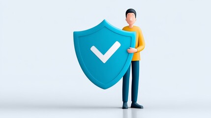 Poster - Data Security Person Holding Shield - A 3D illustration of a person holding a shield with a checkmark, symbolizing data protection, security, safety, verification, and trust