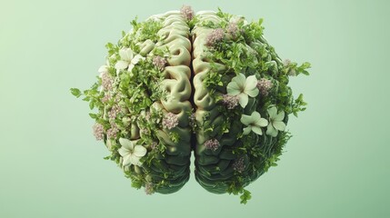 Wall Mural - 3D half-brain with floral element isolated background. World Mental Health Day