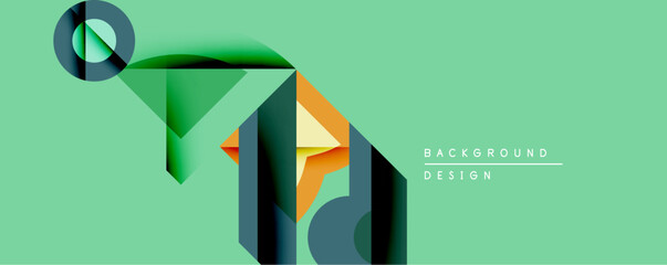 Leinwandbilder - Abstract geometric design features layered shapes, gradients. Green dominates background, complemented by orange, gray, dark blue elements. Modern aesthetic, clean lines, dynamic composition.