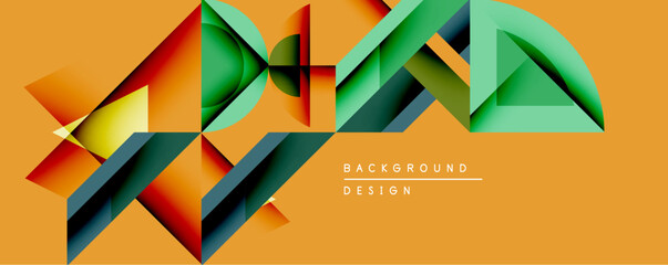 Aufkleber - Abstract geometric composition. Overlapping shapes create dynamic visual effect. Warm orange background complements vibrant green, red, blue elements. Modern design.
