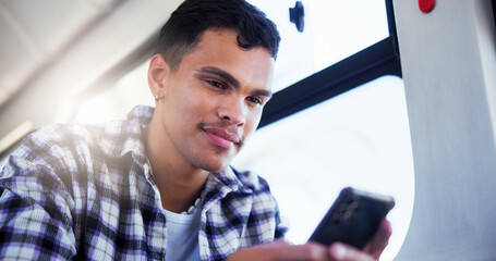 Poster - Phone, smile and man on bus for travel with texting online, social media or mobile app. Communication, cellphone and male passenger on public transportation for commuting, trip or journey with chat.