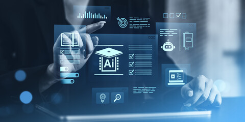 Poster - digital learning interface with artificial intelligence icons and user interaction.