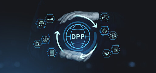 Poster - Digital product passport concept with technology icons and globe interface in hands.