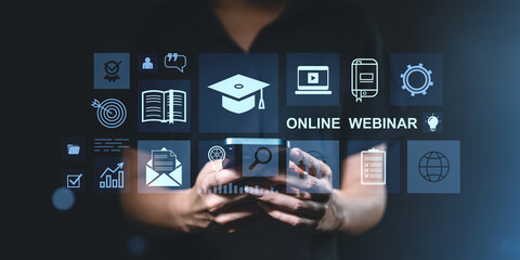 Poster - online education webinar interface with digital icons on dark background.