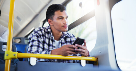 Poster - Cellphone, thinking and man on bus for travel with texting online, social media or mobile app. Daydreaming, phone and male passenger on public transportation with idea for commuting, trip or journey.