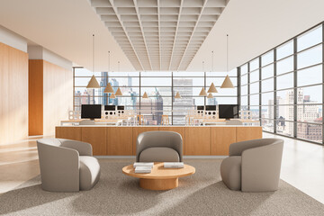 Poster - Modern office interior with minimalist design, soft armchairs, wood elements, and panoramic city view through large glass windows. 3D Rendering