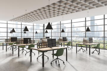 Poster - Modern open space office interior with minimalist furniture, green chairs, and panoramic city view through large glass windows. 3D Rendering