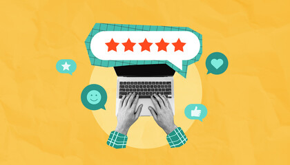 Poster - Customer feedback concept with laptop, five-star review icons, and user hands typing on keyboard on yellow background in creative collage style.