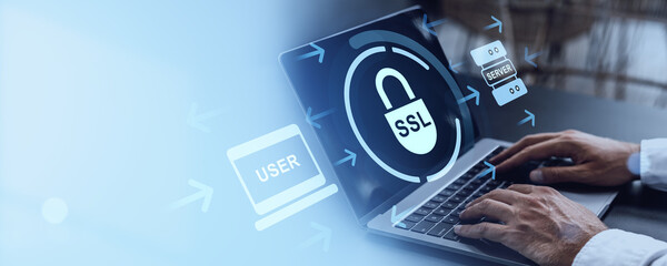 Poster - SSL security concept with user typing on laptop and digital padlock icon overlayed.