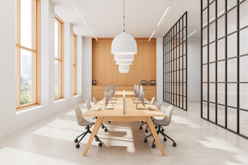 Poster - Modern open-plan office interior with natural wood accents, minimalist furniture, and glass partitions in a bright, contemporary workspace design. 3D Rendering