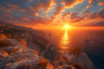 Aufkleber - 海岸線の日没風景 海洋と太陽の光が織りなす絶景 鮮やかなオレンジ色の夕焼けと輝く水面が織りなす美しい自然