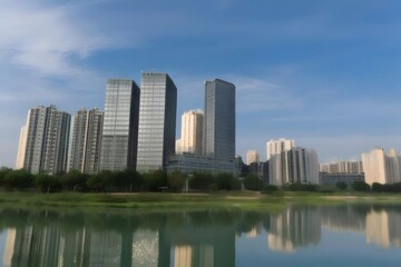 Poster - 晴れた青空の下 湖畔に建つ近代的な高層ビルの風景 鮮やかな青と緑の調和 美しい都会の景色