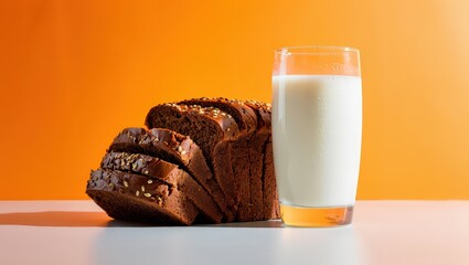 Poster - A slice of bread with nuts on top next to a glass of milk.