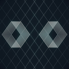 Fototapete - Symmetrical digital illustration of hexagonal patterns of thin white lines on a dark grid of diagonal lines. The style is minimalist with cyber art elements. 3d rendering