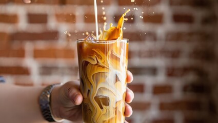 Aufkleber - a hand holding a cup of coffee with latte art on top, the foam is being poured into it from another 