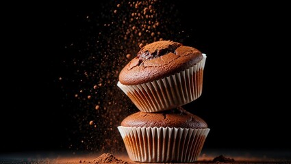Poster - Two chocolate cupcakes with powdered sugar falling from one of them.