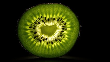 Poster - A whole green kiwi fruit with the skin removed, illuminated by light from behind it.