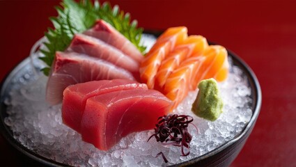 Poster - Sashimi on ice in black bowl on red tablecloth.