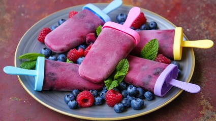 Poster - A plate of colorful popsicles with blueberry toppings and green sticks.