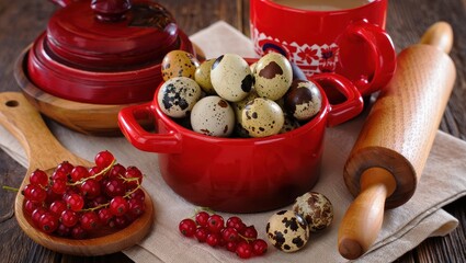 Poster - A red pot filled with brown eggs, surrounded by berries and a wooden rolling pin on a rustic table.