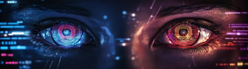 Poster - A pair of eyes with blue and red irises, symmetrical on the left side, surrounded by digital data visualizations in shades of black, white, gray, purple, pink, red, and yellow, creating an atmosphere 